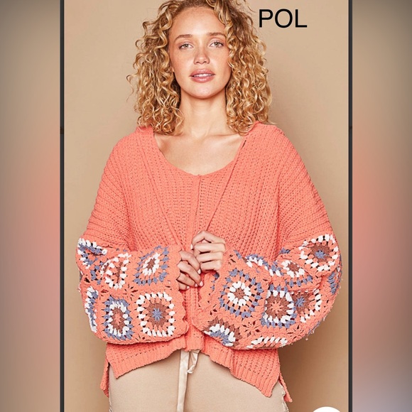 72. 🔥 POL Coral V-Neck Oversized Sweater Hoodie with Granny Square Sleeves - Picture 7 of 11